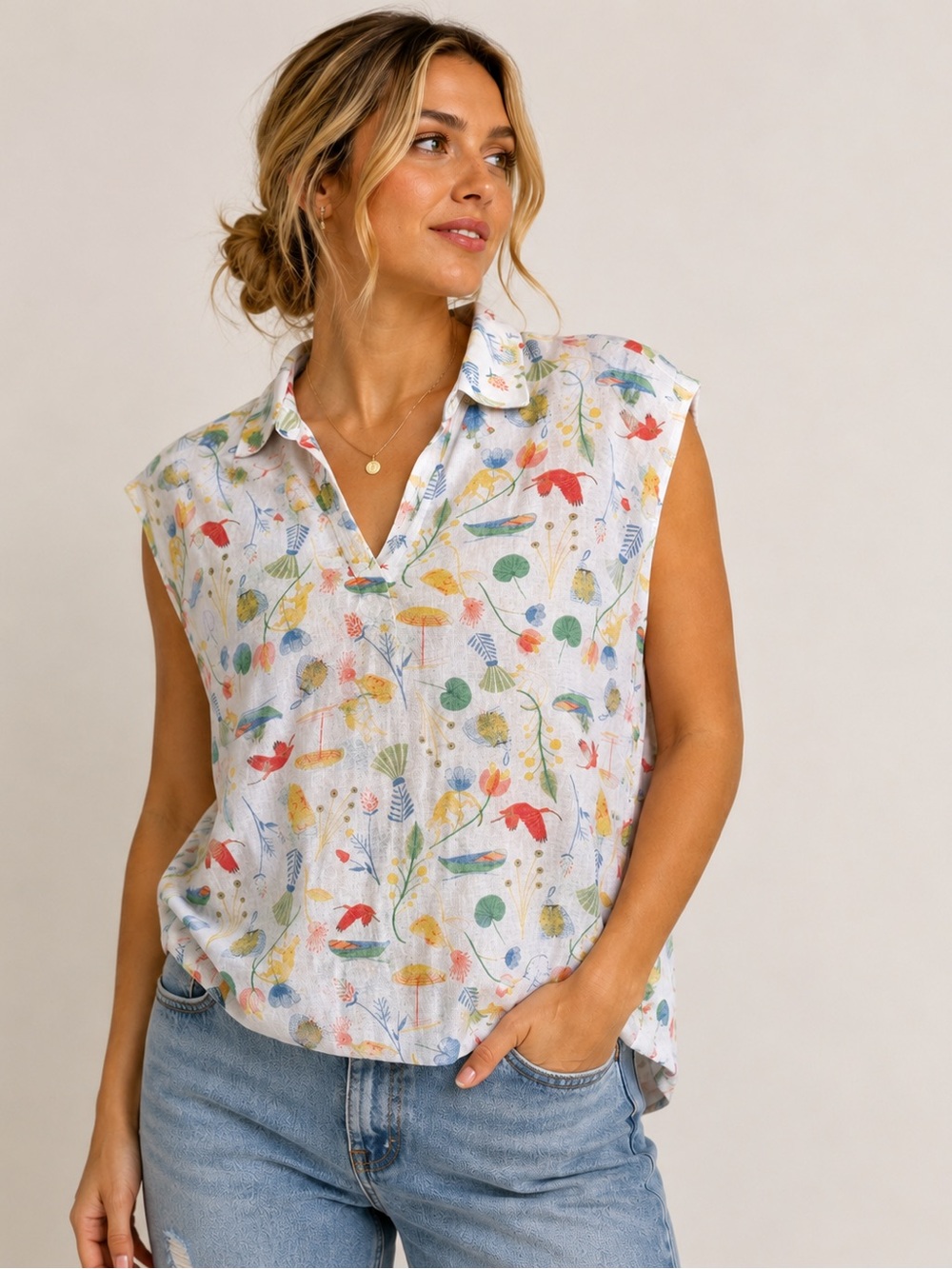 Joie Womenโs XL 100% Linen Floral Bird Print Sleeveless Collared Top Coastal